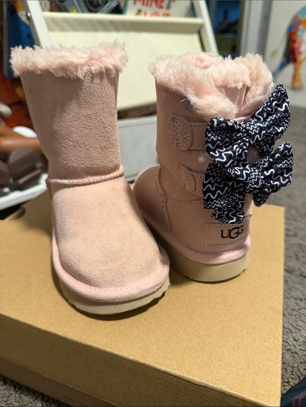 UGG Pink Suede Kids Bow Back Shearling Boots